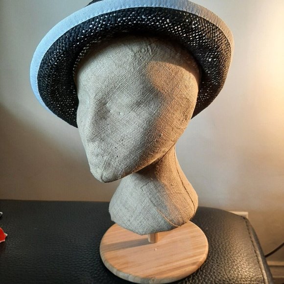 HOLT RENFREW Italy Black Paper White trim Rimmed Ladies Sun Hat 21.5" - Picture 3 of 5